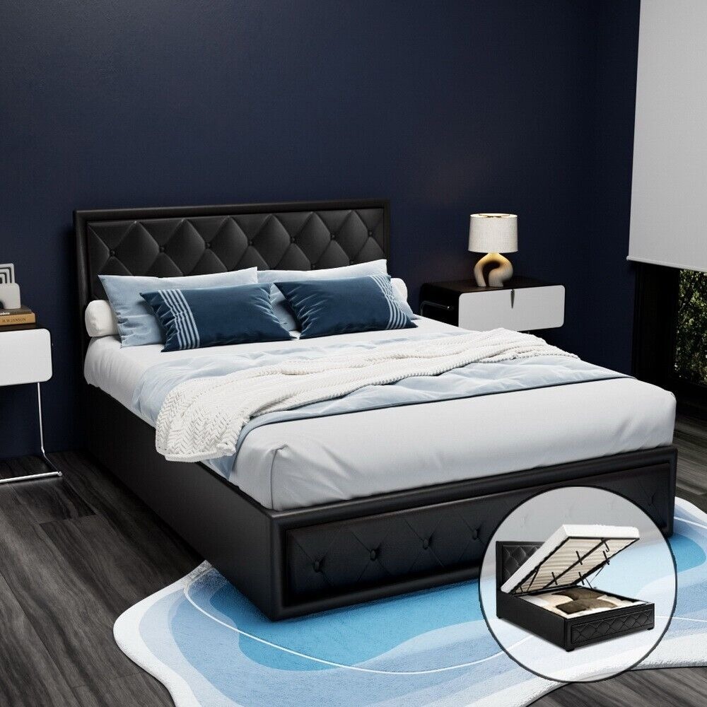 Artiss Bed Frame QUEEN Size Gas Lift Storage Mattress Base Wooden Black TIYO