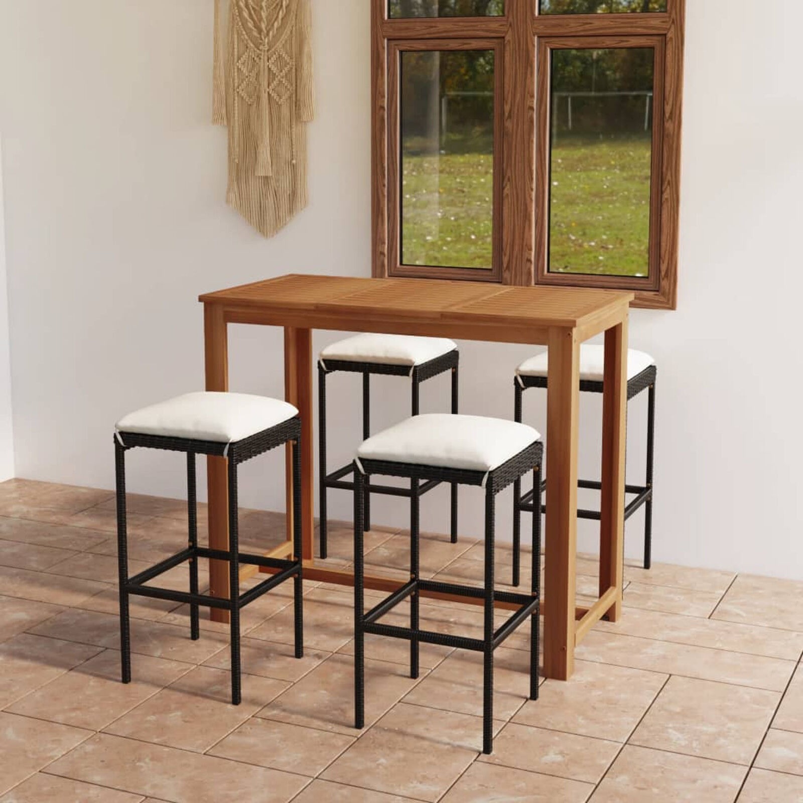 Tidyard 5 Piece Garden Bar Set Acacia Wood Table and 4 Stool Chairs with F5M2
