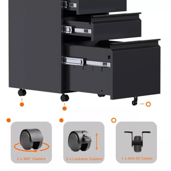 3 Drawer File Cabinet with Wheels,Under Desk Metal Mobile Filing Cabinet,Black - Image 3