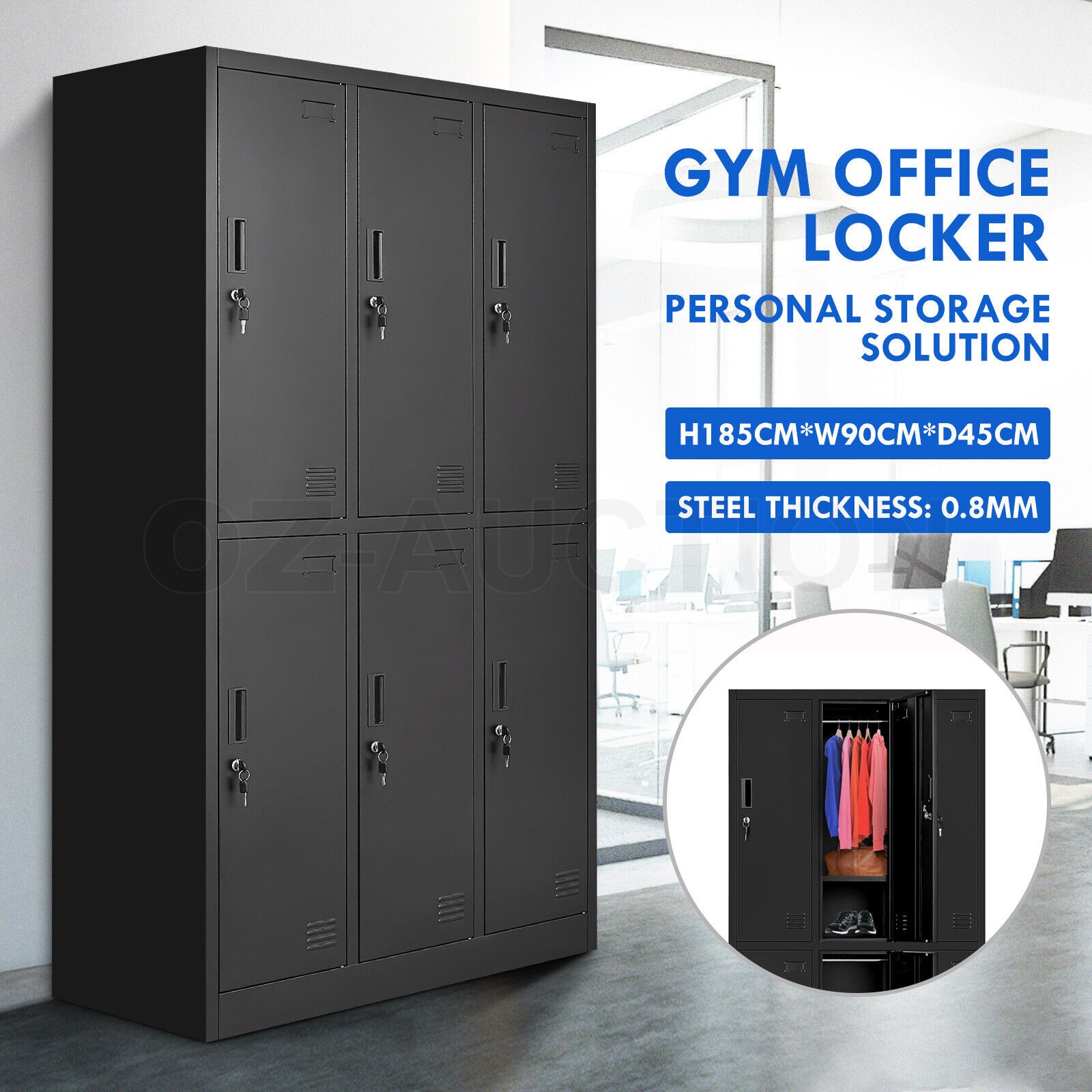 Steel Storage Cabinet 6 Doors Locker Tall Black Heavy Duty Cupboard Furniture