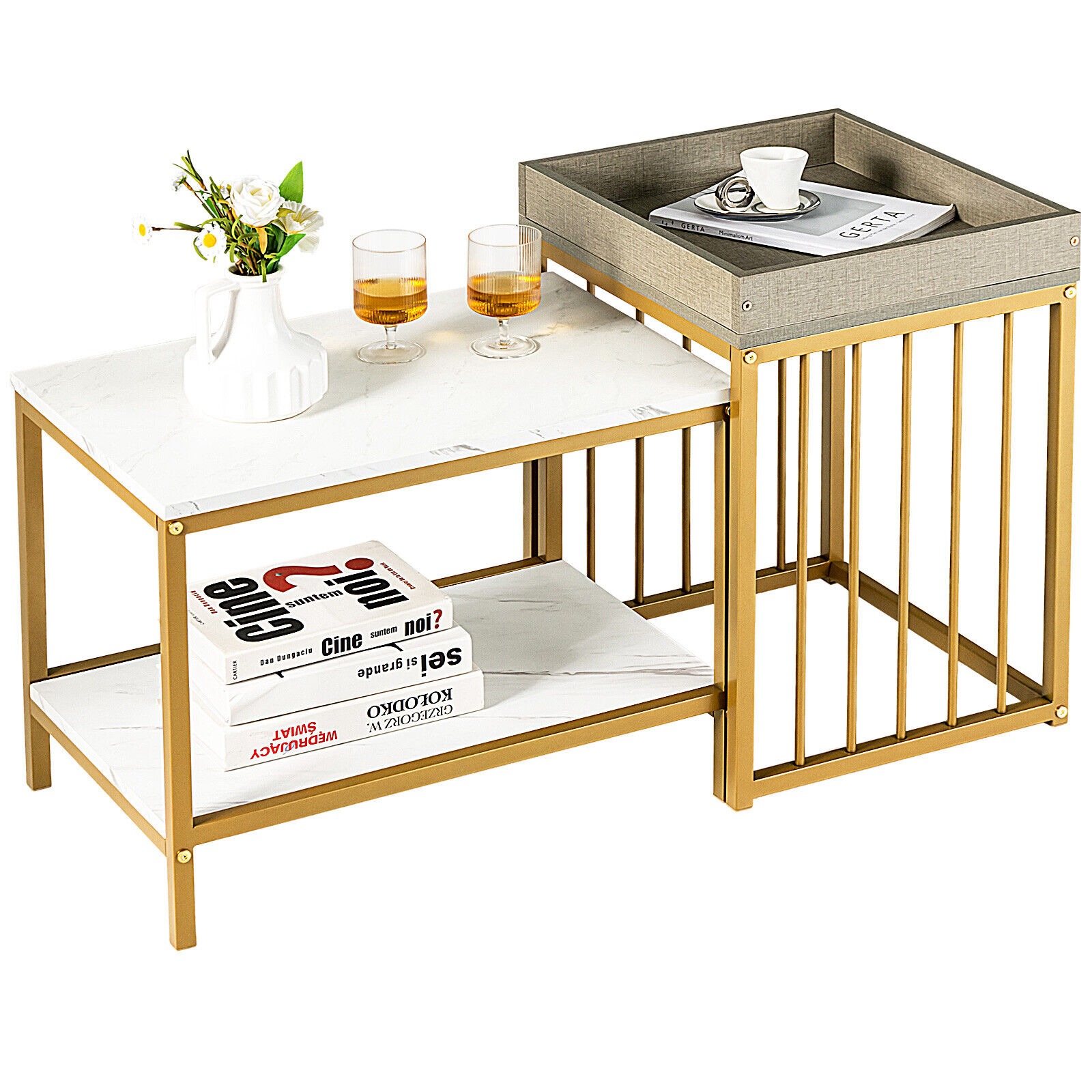 Nesting Coffee Tables 2Pcs Side End Table Faux Marble Top Golden Steel Frame