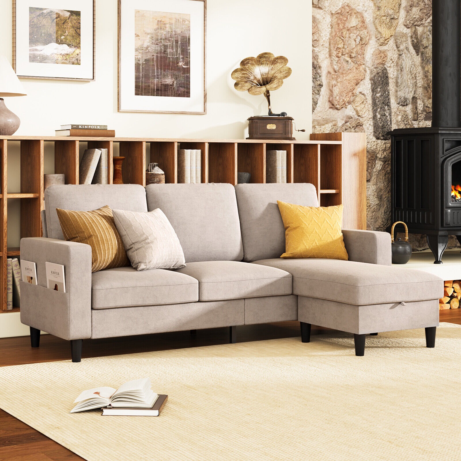 3 Seater Sofa L-Shaped Lounge Couch with Storage Ottoman Beige