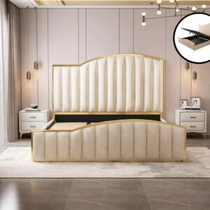 Elegant Bedding Luxury King Size Bedframe in Beige with Gas Lift Storage Velvet