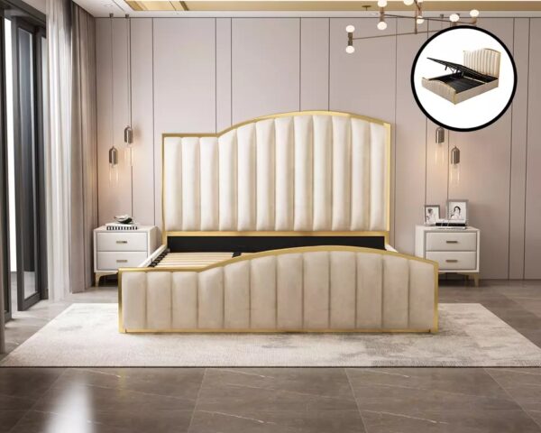 Elegant Bedding Luxury King Size Bedframe in Beige with Gas Lift Storage Velvet
