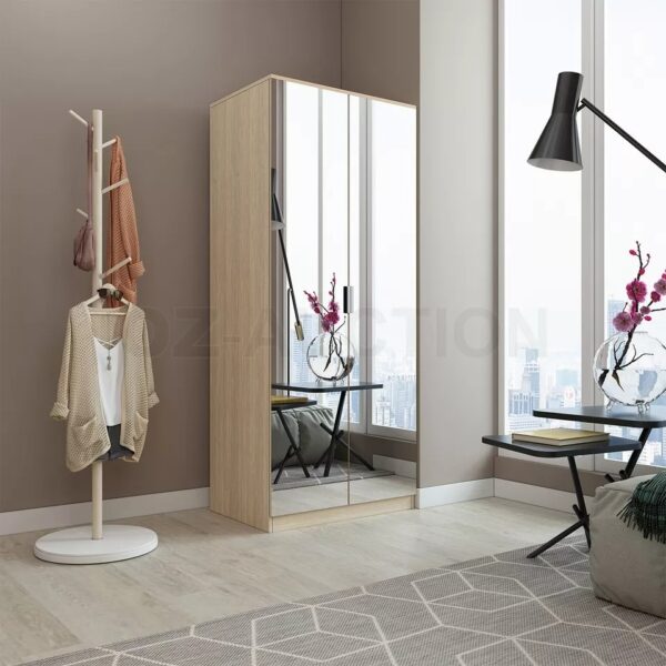 Mirrored 2 Door Oak Wardrobe Dresser with 2 Drawers 3 Storage Shelves Cabinet