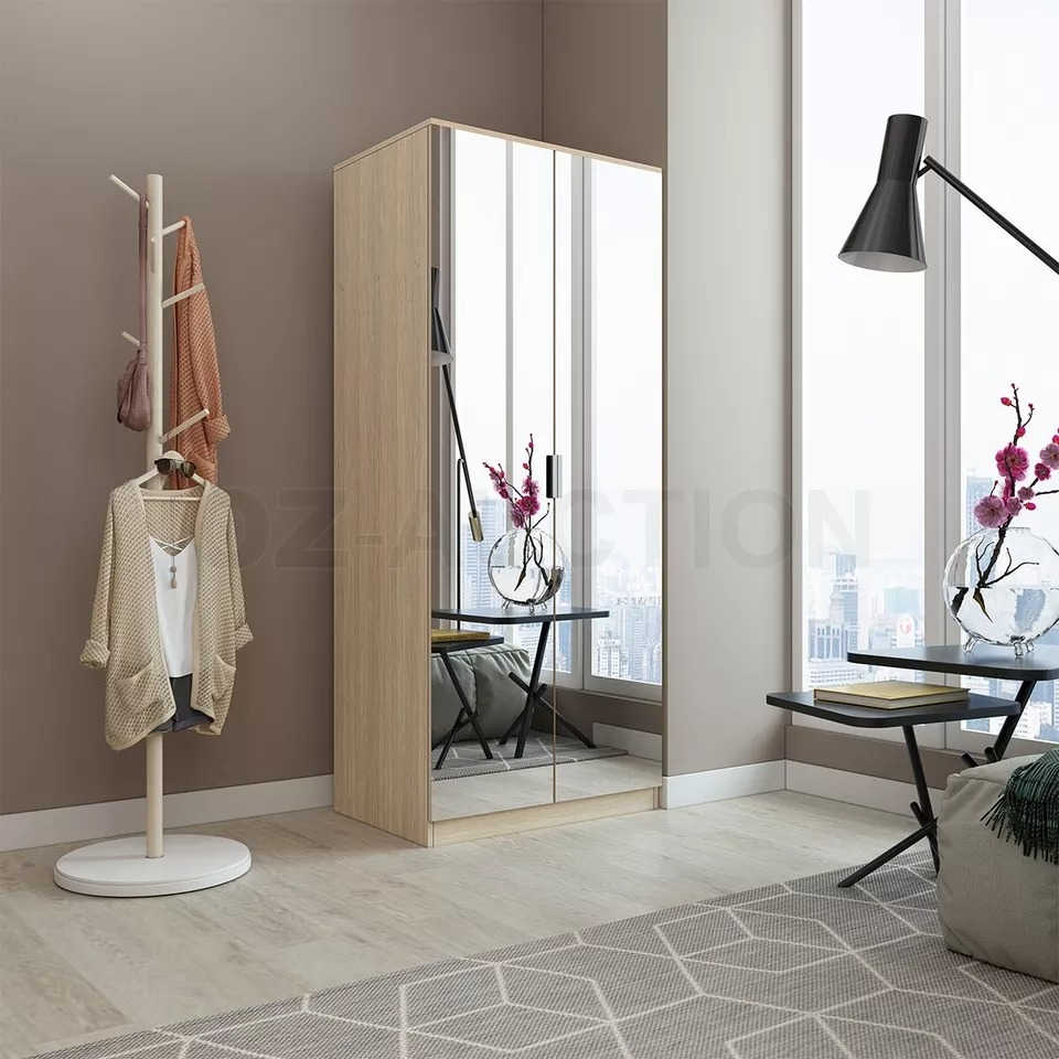 Mirrored 2 Door Oak Wardrobe Dresser with 2 Drawers 3 Storage Shelves Cabinet