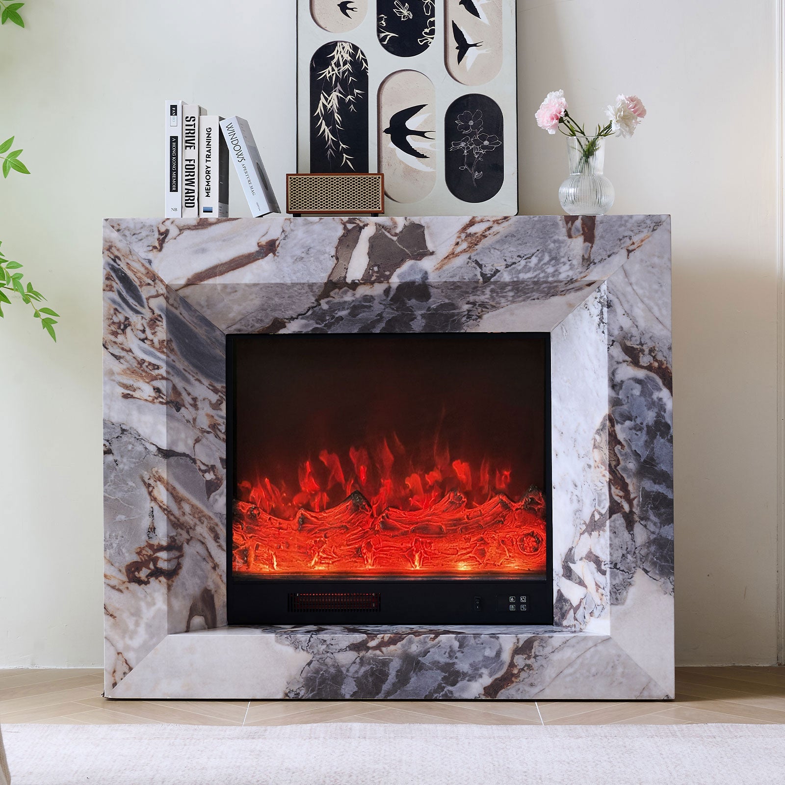 Montrose 30″ electric fireplace heater with marble veneer mantel and smartphone control. Realistic flame effects and efficient heat — premium solution for Australian homes.