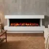 Vantage Electric Fireplace 3-Sided with white mantel suite in modern living room