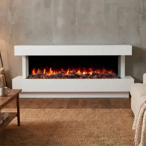Vantage Electric Fireplace 3-Sided with white mantel suite in modern living room