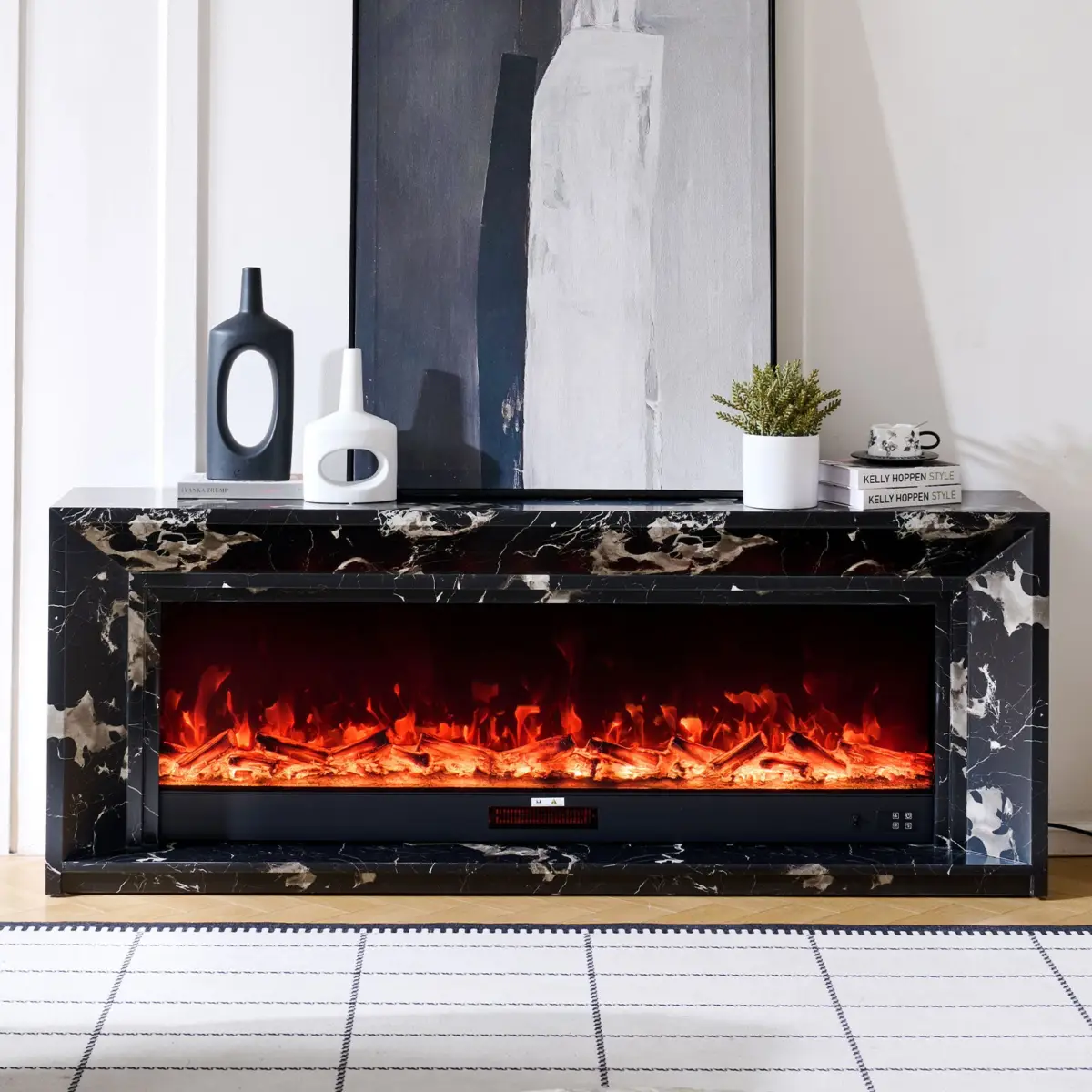 Valoria Black Marble Electric Fireplace with Lumera Insert