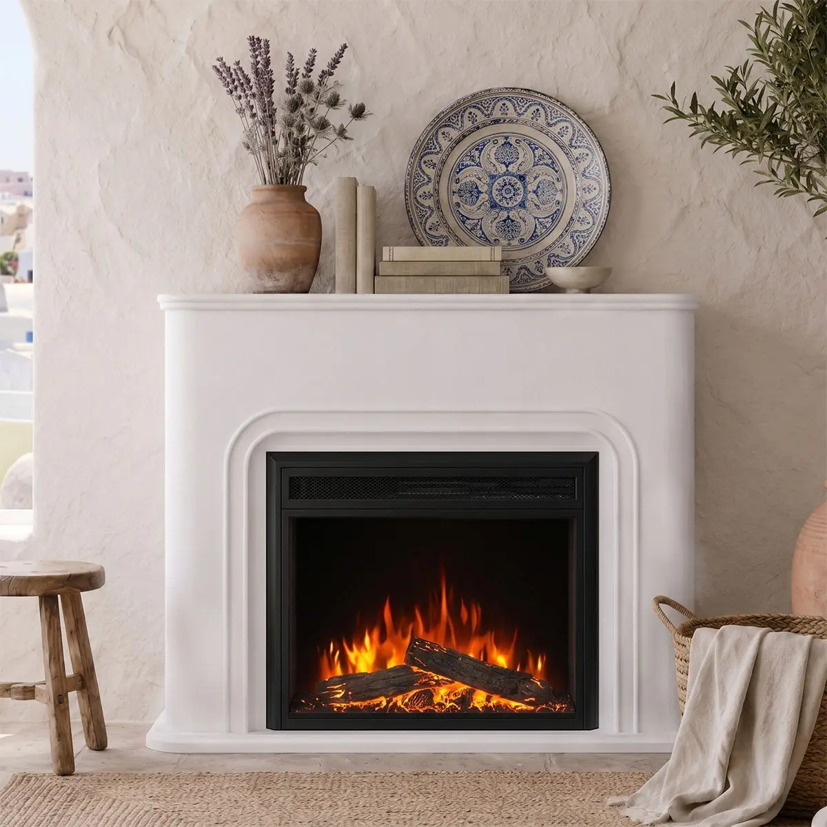 Lumière White Electric Fireplace with 30 Inch Mirage Electric Fireplace Insert
