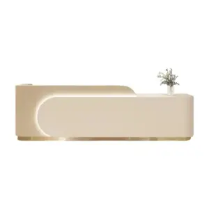 LUXORA 120/180cm Curved Reception Desk, Light Luxury Counter with Partitioned Storage for Salon & Spa - Light Wood & Beige & Stainless Steel Base
