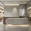 ELVORA 120/180cm Curved Reception Desk with Partitioned Storage - Coffee Wood Grain & Grey - Image 3