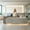 ELVORA 120/180cm Curved Reception Desk with Partitioned Storage - Coffee Wood Grain & Grey - Image 2