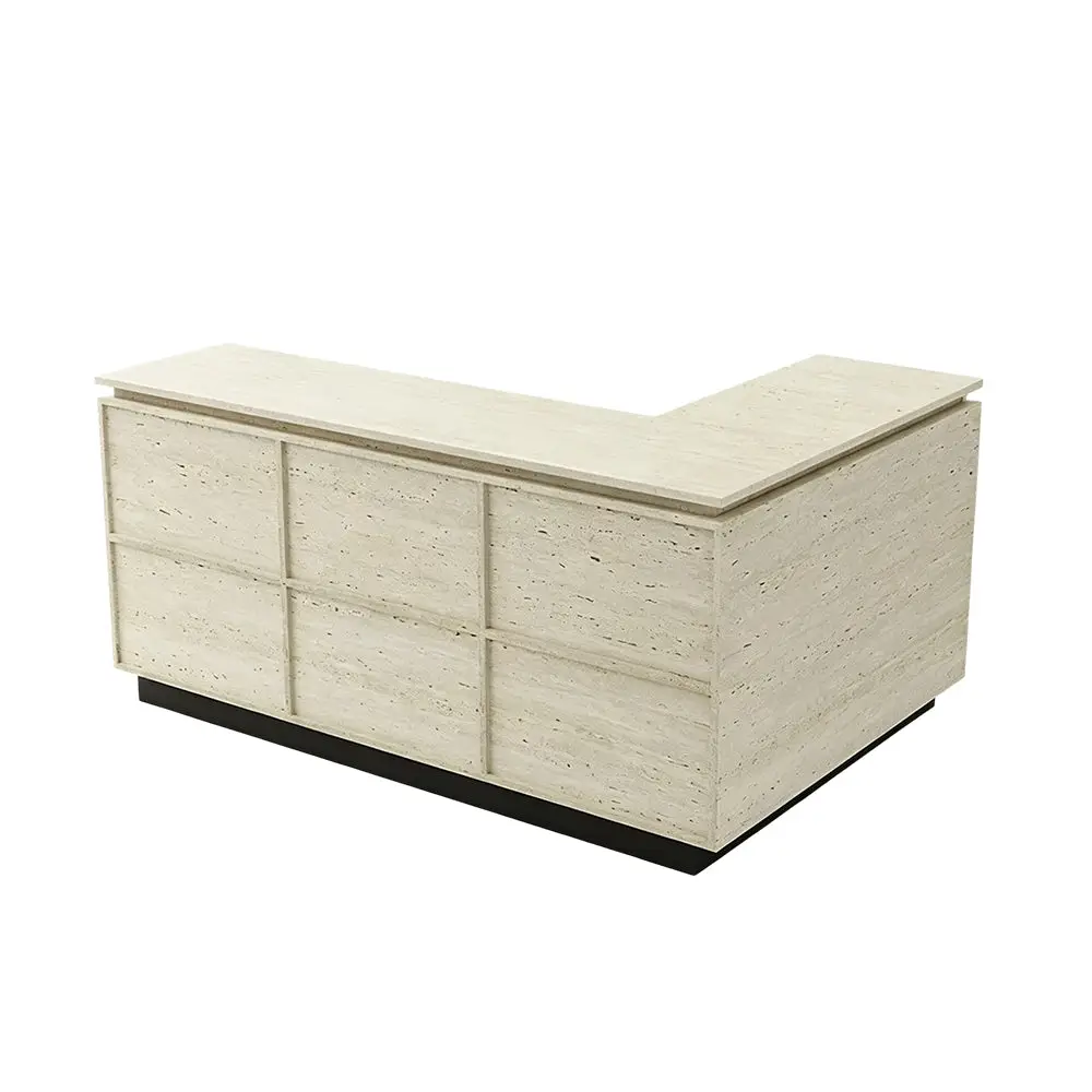 VARENA 120/180cm L-Shaped Reception Desk with Storage - Travertine with Black Base, Left Corner 1 VARENA L-shaped reception desk with storage in travertine and black