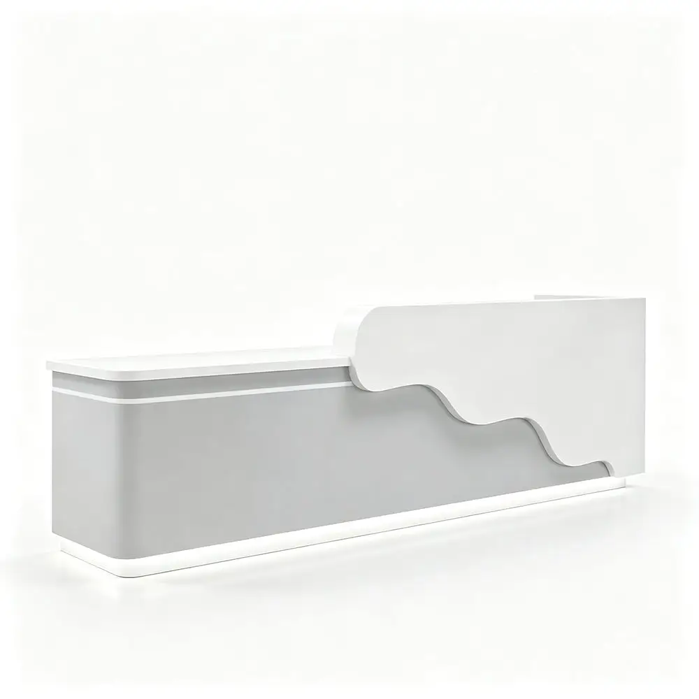 ELVORA 120/180cm Curved Reception Desk with LED Lighting – Gloss White & Grey 1 ELVORA white and grey curved reception desk
