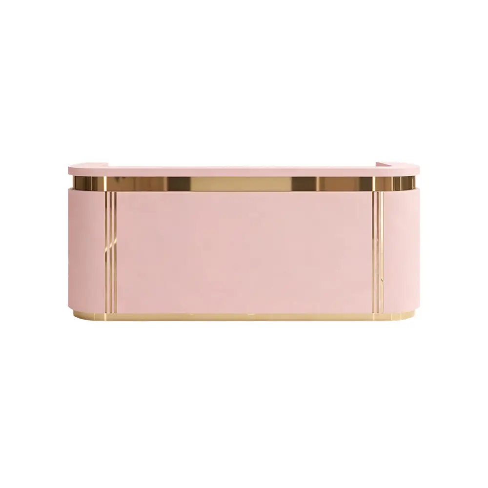 ELVORA 120/180cm Pink Curved Reception Desk with LED Lighting & Lockable Drawer – Pink & Gold Trim 1 ELVORA pink curved reception desk