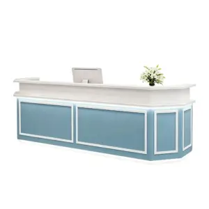 blue and white reception desk