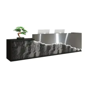 LUXORA Modern Reception Desk with LED-Lit Mushroom Stone Feature Panel for Office Retail Store - Silver Stainless Steel & Dark Grey