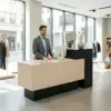 VARENA 120/180cm Reception Counter Desk with Raised Side Cabinet - Black & Faux Travertine - Image 2