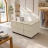 VARENA 120/180cm L-Shaped Reception Desk with Storage - Travertine with Black Base, Left Corner - Image 4