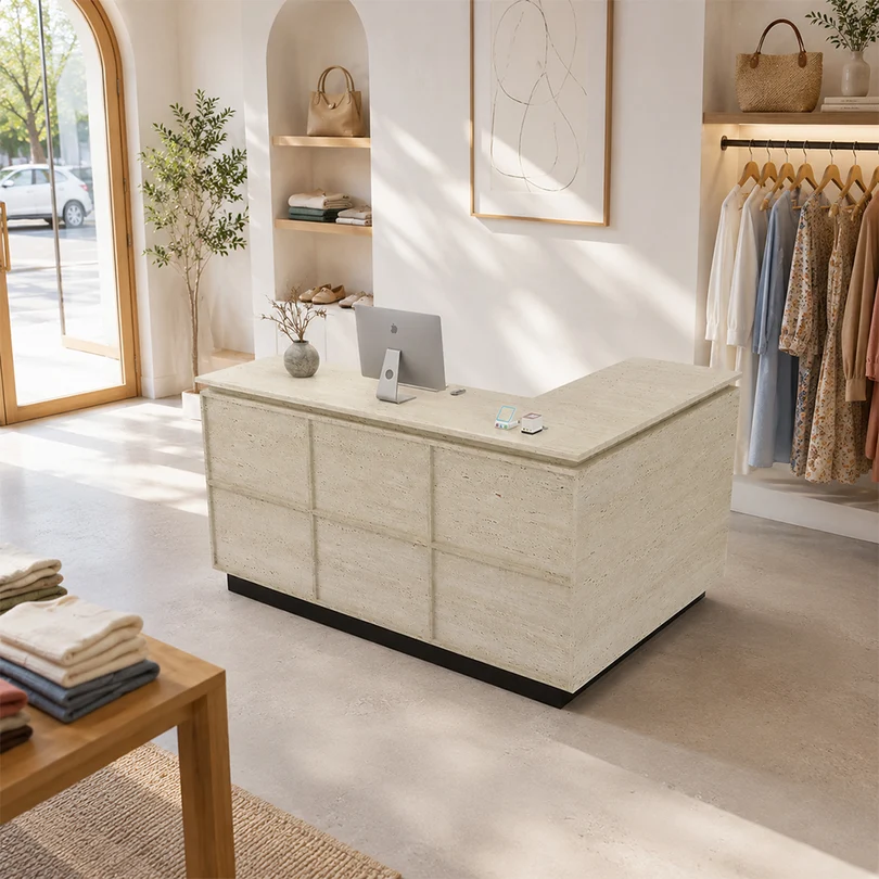 VARENA 120/180cm L-Shaped Reception Desk with Storage - Travertine with Black Base, Left Corner 4 VARENA 120/180cm L-Shaped Reception Desk with Storage - Travertine with Black Base, Left Corner - Image 4