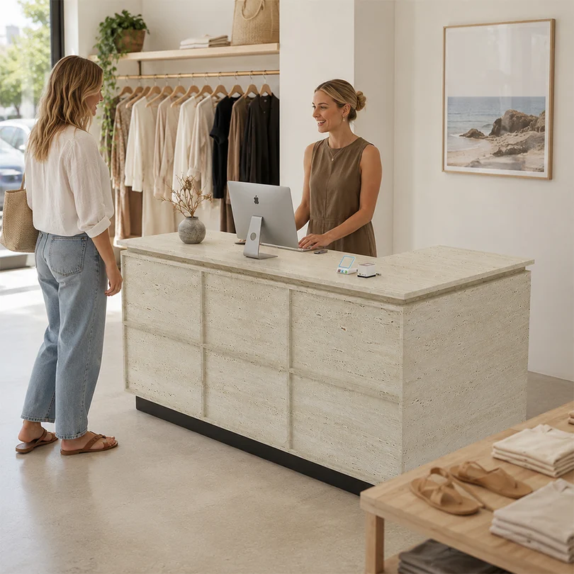 VARENA 120/180cm L-Shaped Reception Desk with Storage - Travertine with Black Base, Left Corner 3 VARENA 120/180cm L-Shaped Reception Desk with Storage - Travertine with Black Base, Left Corner - Image 3