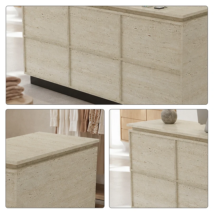 VARENA 120/180cm L-Shaped Reception Desk with Storage - Travertine with Black Base, Left Corner 6 VARENA 120/180cm L-Shaped Reception Desk with Storage - Travertine with Black Base, Left Corner - Image 6