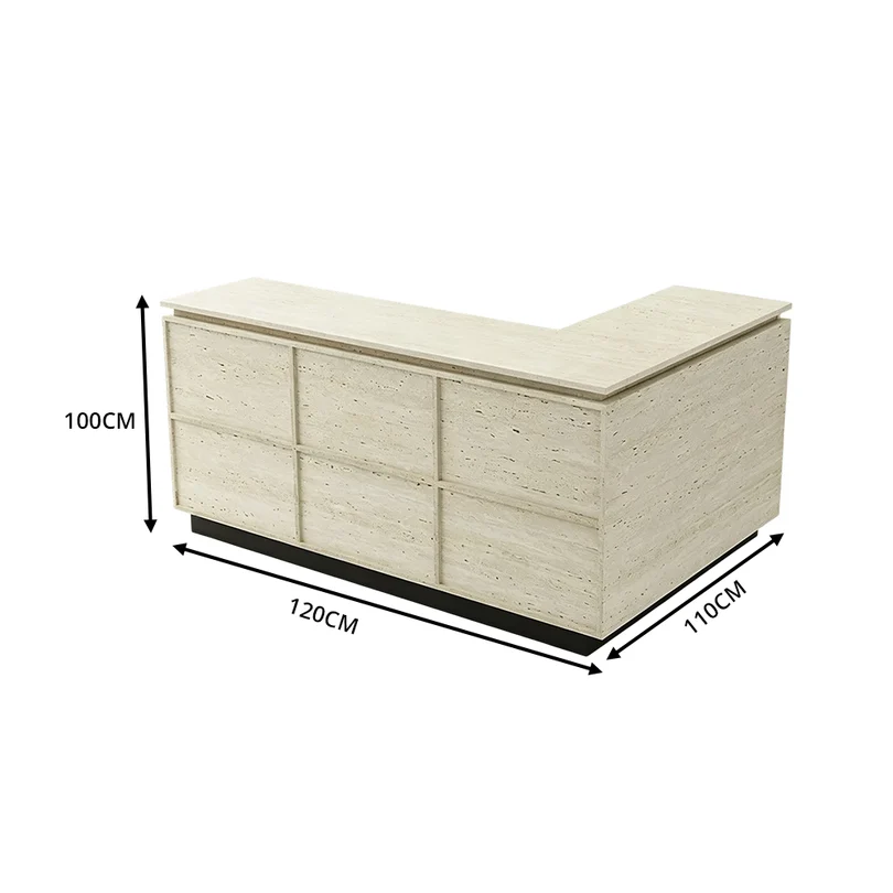VARENA 120/180cm L-Shaped Reception Desk with Storage - Travertine with Black Base, Left Corner 8 VARENA 120/180cm L-Shaped Reception Desk with Storage - Travertine with Black Base, Left Corner - Image 8