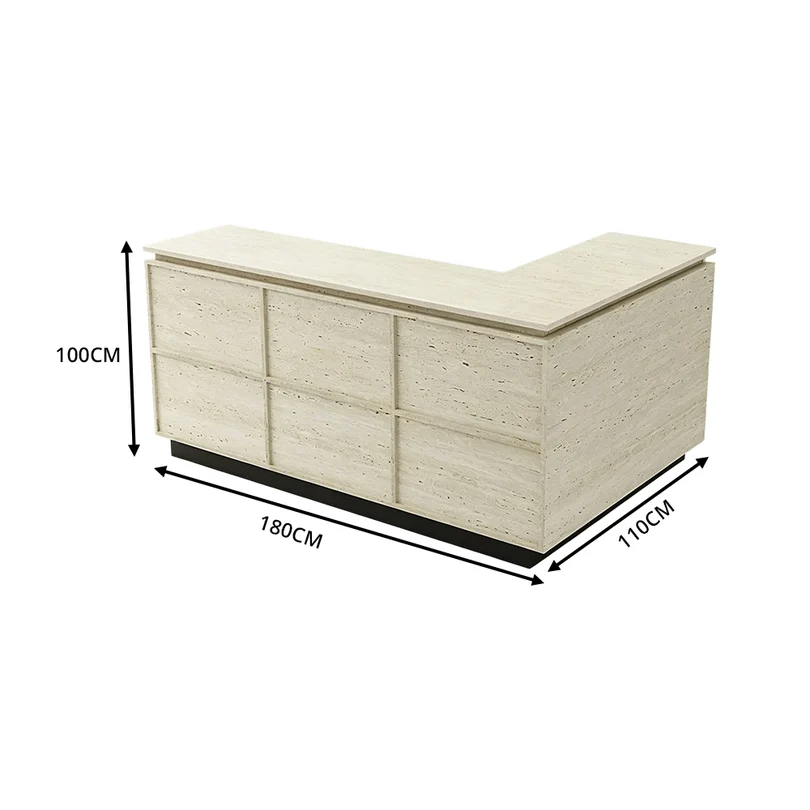 VARENA 120/180cm L-Shaped Reception Desk with Storage - Travertine with Black Base, Left Corner 7 VARENA 120/180cm L-Shaped Reception Desk with Storage - Travertine with Black Base, Left Corner - Image 7