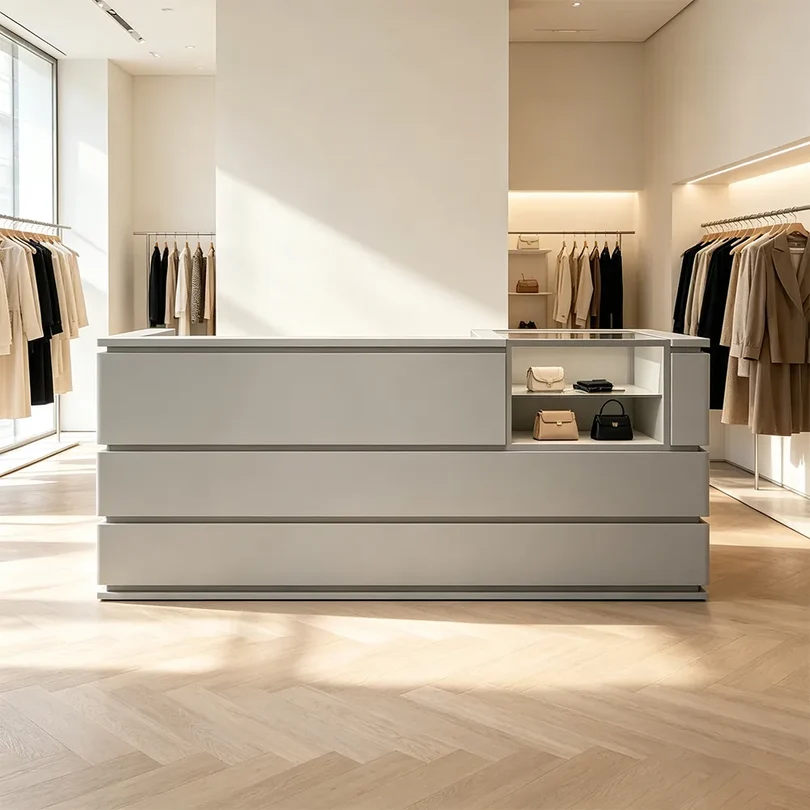 ELVORA 120/180cm Double-Tier Reception Counter with Display Area – Grey 4 ELVORA 120/180cm Double-Tier Reception Counter with Display Area – Grey - Image 4