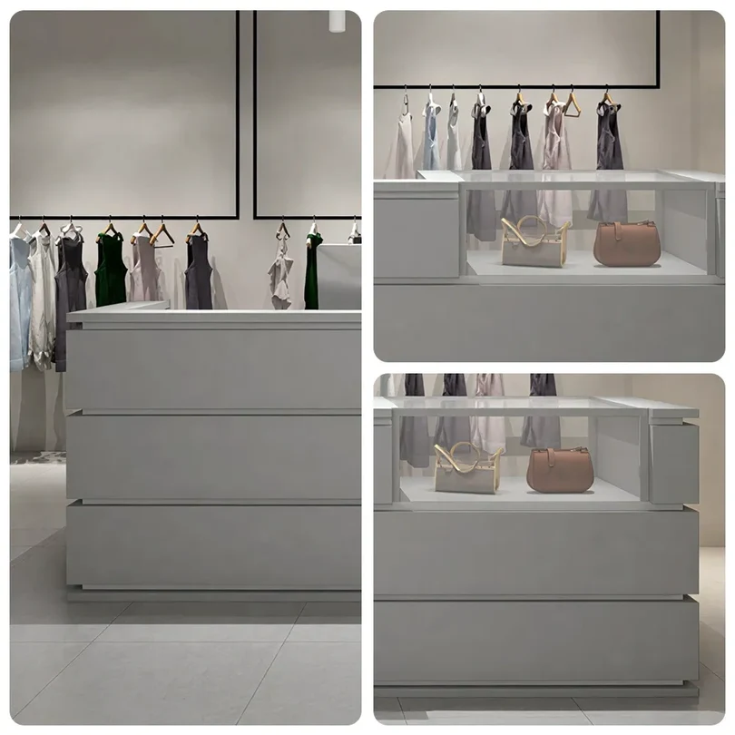 ELVORA 120/180cm Double-Tier Reception Counter with Display Area – Grey 3 ELVORA 120/180cm Double-Tier Reception Counter with Display Area – Grey - Image 3