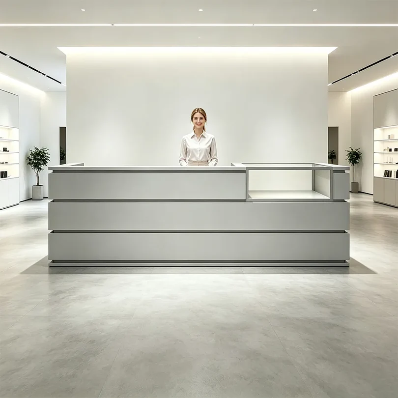 ELVORA 120/180cm Double-Tier Reception Counter with Display Area – Grey 6 ELVORA 120/180cm Double-Tier Reception Counter with Display Area – Grey - Image 6