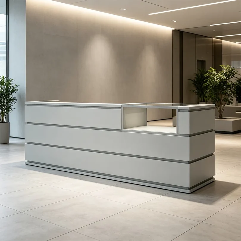 ELVORA 120/180cm Double-Tier Reception Counter with Display Area – Grey 5 ELVORA 120/180cm Double-Tier Reception Counter with Display Area – Grey - Image 5