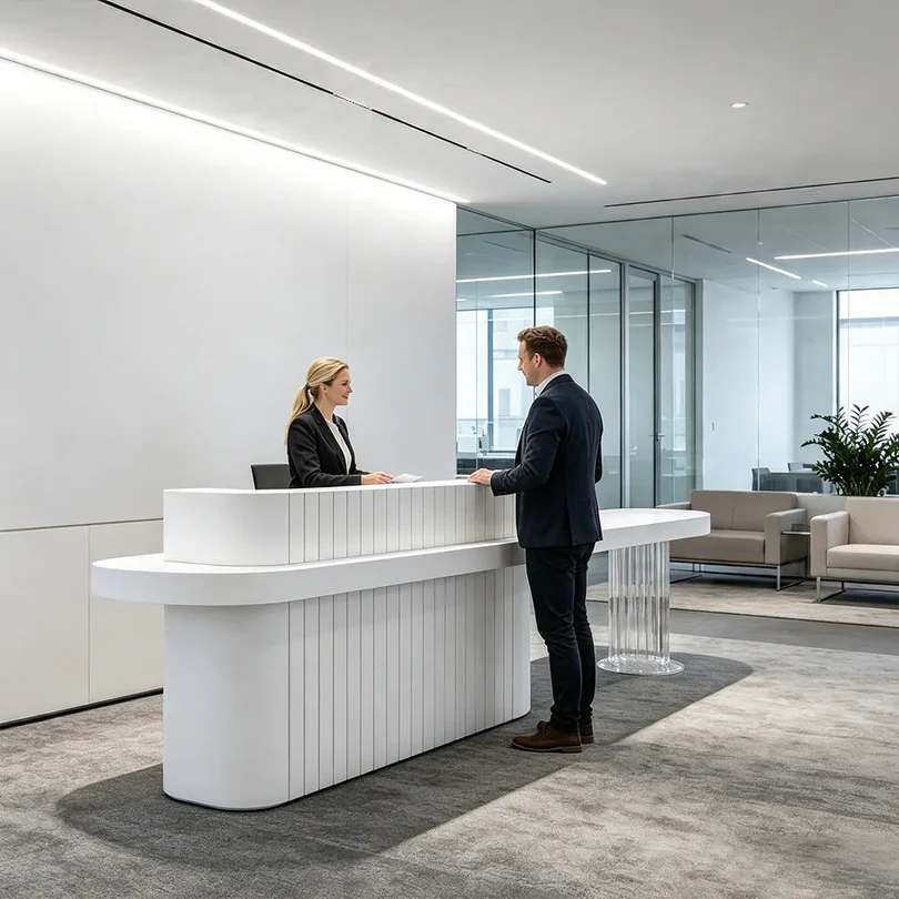 ELVORA 120/180cm White Reception Desk with Fluted Front and Extended Worktop 2 ELVORA 120/180cm White Reception Desk with Fluted Front and Extended Worktop - Image 2