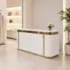 ELVORA 120/180cm Curved Reception Desk with LED Lighting – Jazz White & Gold Trim - Image 2