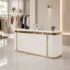ELVORA 120/180cm Curved Reception Desk with LED Lighting – Jazz White & Gold Trim - Image 5
