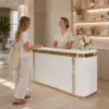 ELVORA 120/180cm Curved Reception Desk with LED Lighting – Jazz White & Gold Trim - Image 6