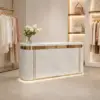 ELVORA 120/180cm Curved Reception Desk with LED Lighting & Lockable Drawer - Grey & Gold - Image 5