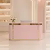 ELVORA 120/180cm Pink Curved Reception Desk with LED Lighting & Lockable Drawer – Pink & Gold Trim - Image 2