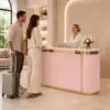 ELVORA 120/180cm Pink Curved Reception Desk with LED Lighting & Lockable Drawer – Pink & Gold Trim - Image 6